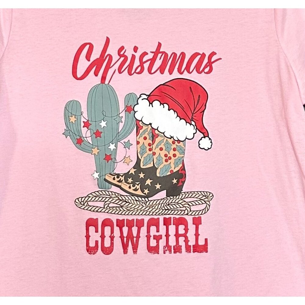 Christmas Cowgirl T-Shirt XL Pink Graphic Western Holiday Cactus Santa Tee - Picture 2 of 4
